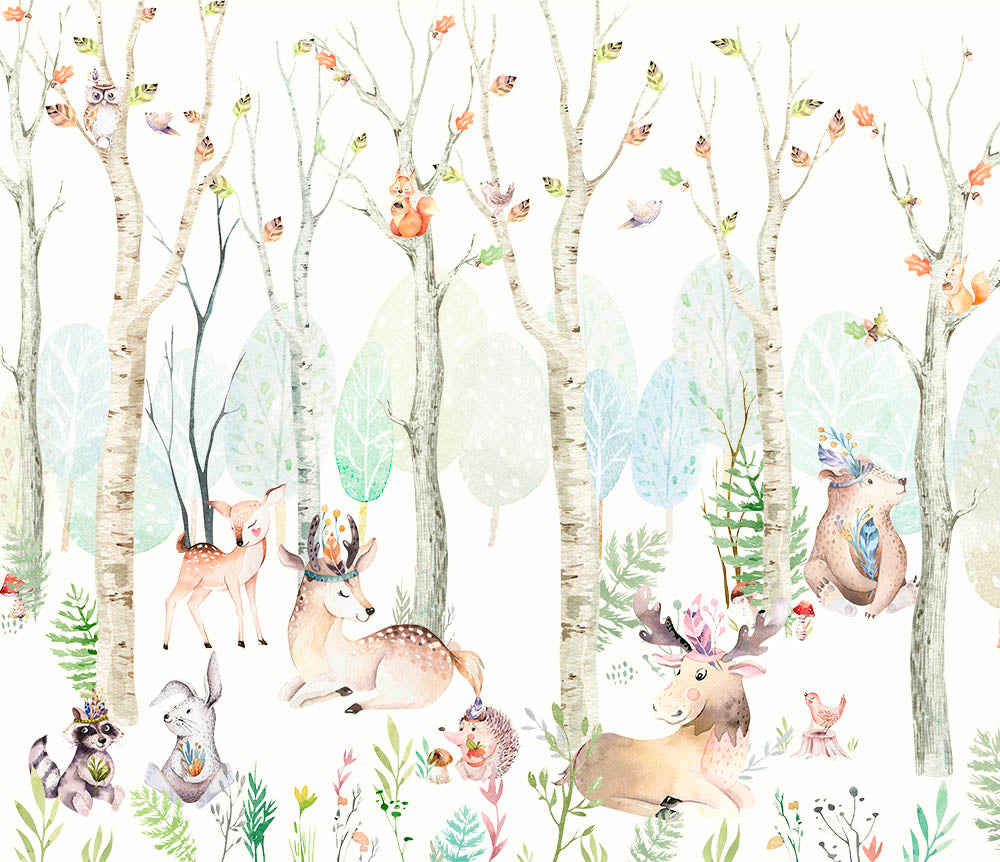 Kids Wall Mural Watecolor Forest Animals Scandinavian Wallpaper for Kids Room