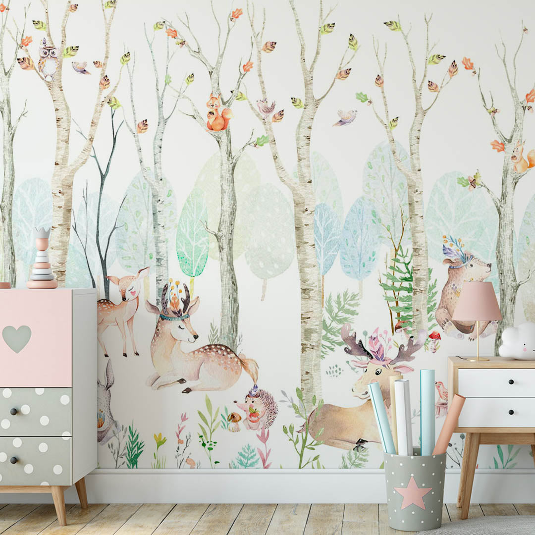 Kids Wall Mural Watecolor Forest Animals Scandinavian Wallpaper for Kids Room