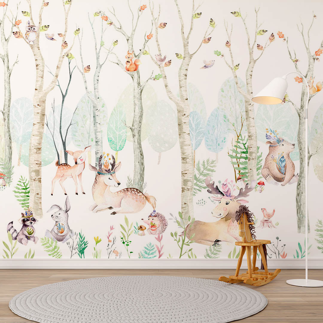 Kids Wall Mural Watecolor Forest Animals Scandinavian Wallpaper for Kids Room