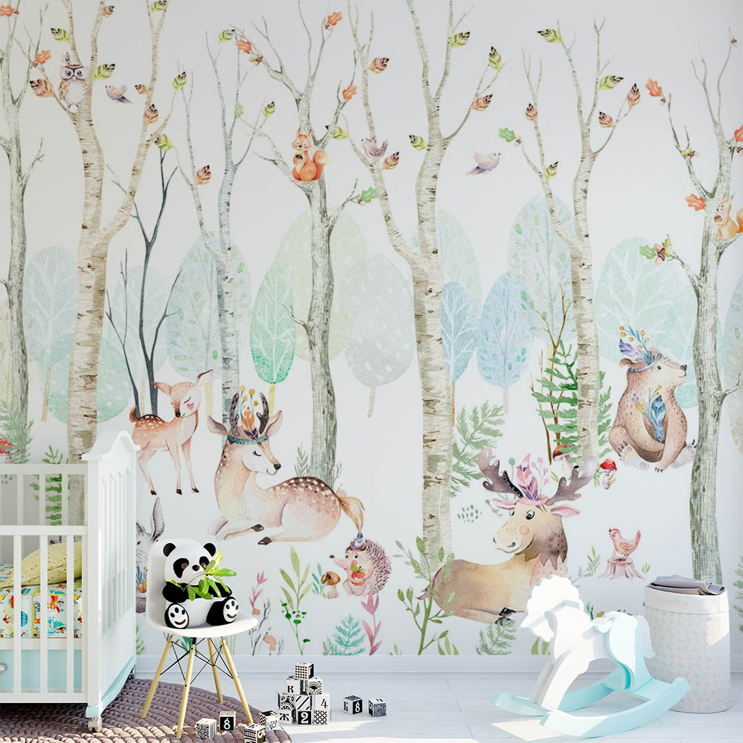 Kids Wall Mural Watecolor Forest Animals Scandinavian Wallpaper for Kids Room