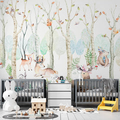 Custom Kids Wall Mural Watecolor Forest Animals Scandinavian Wallpaper for Kids Room