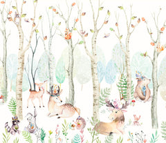 Custom Kids Wall Mural Watecolor Forest Animals Scandinavian Wallpaper for Kids Room