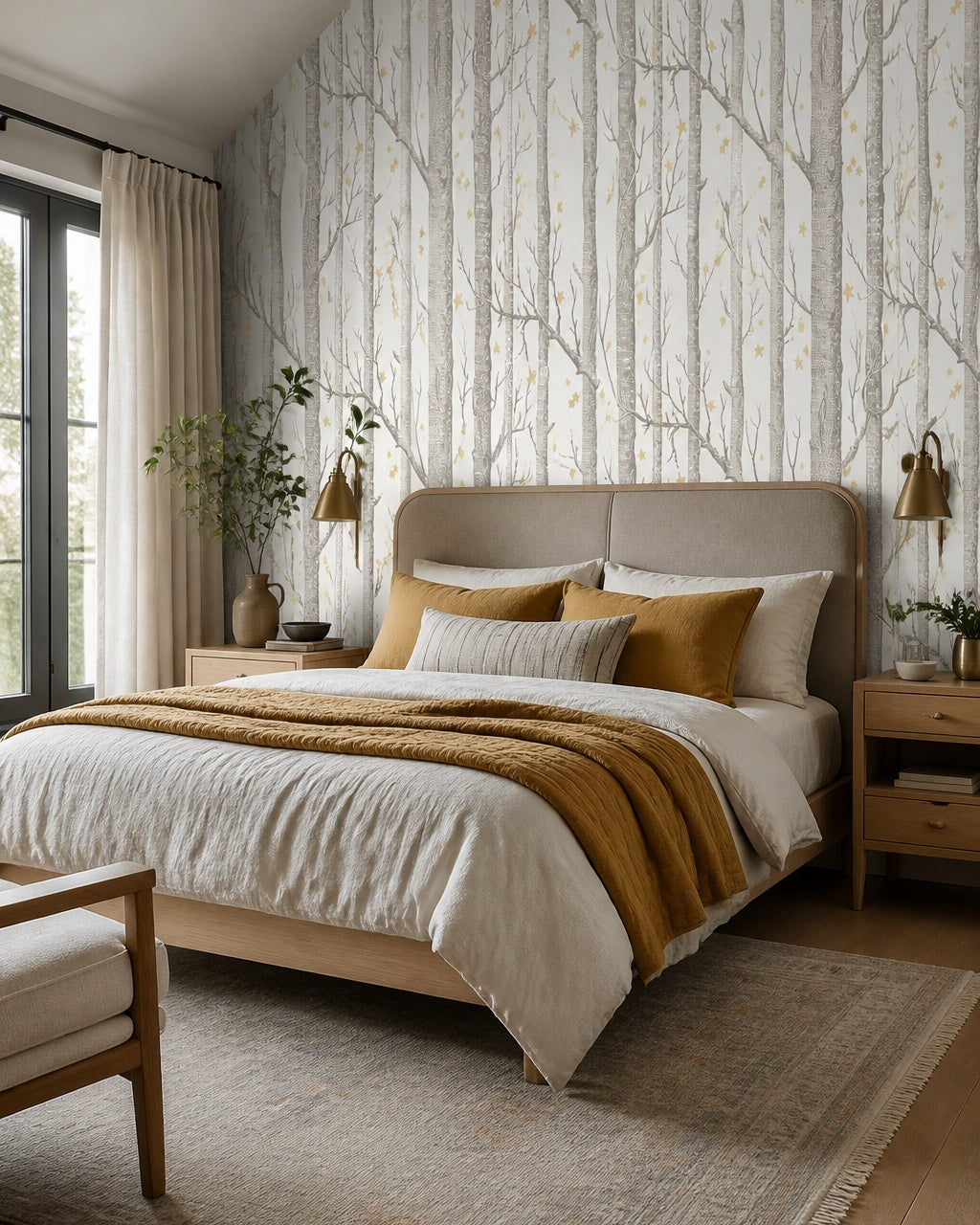 Birch forest wallpaper in a designer bedroom.
