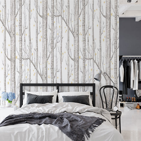 Whimsical Birch Forest with Stars Wall Mural Wallpaper