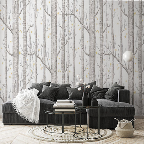 Whimsical Birch Forest with Stars Wall Mural Wallpaper