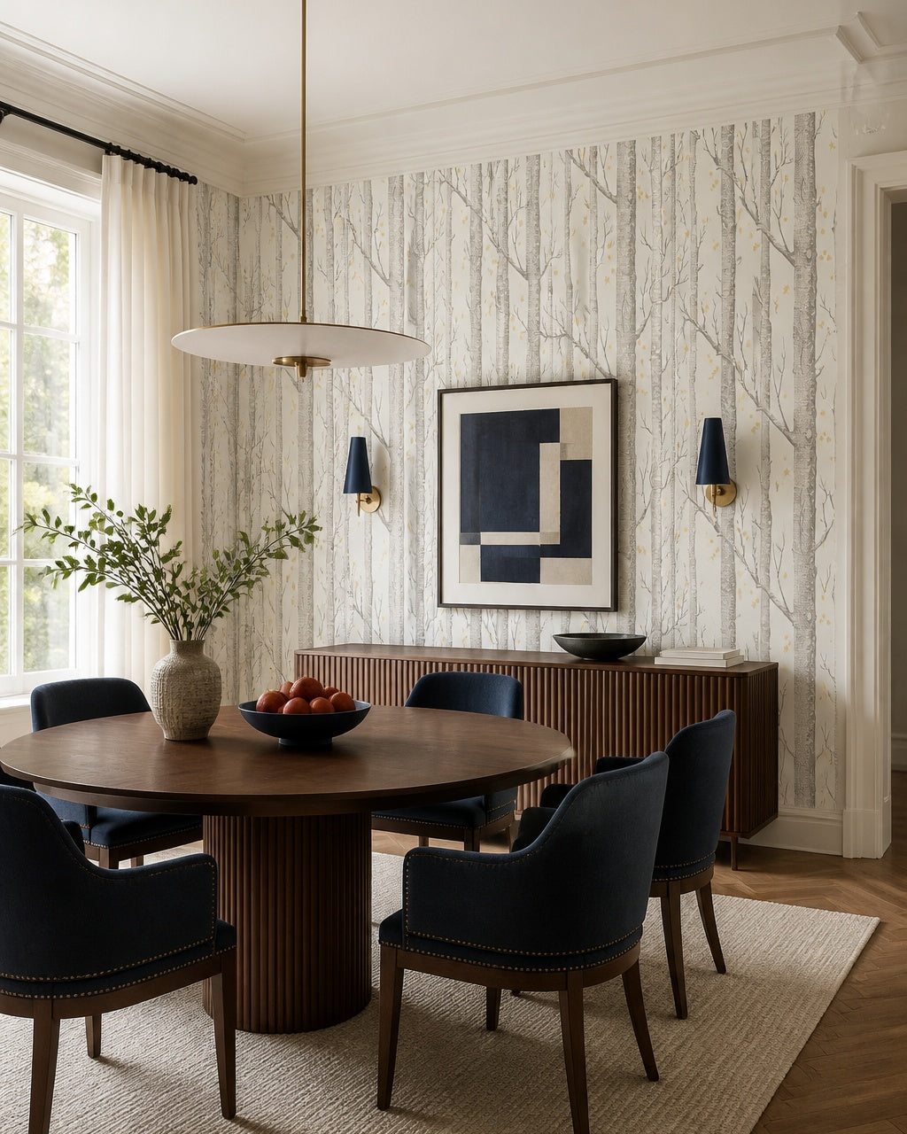 Birch forest wallpaper in a refined dining area.