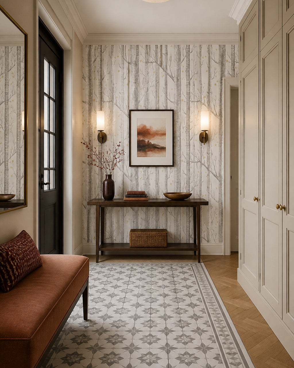 Birch forest wallpaper in a designer entrance hall.