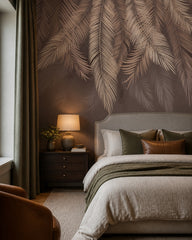 Mauve feathers wallpaper in a designer bedroom.