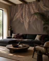 Mauve feathers wallpaper in a designer living room.