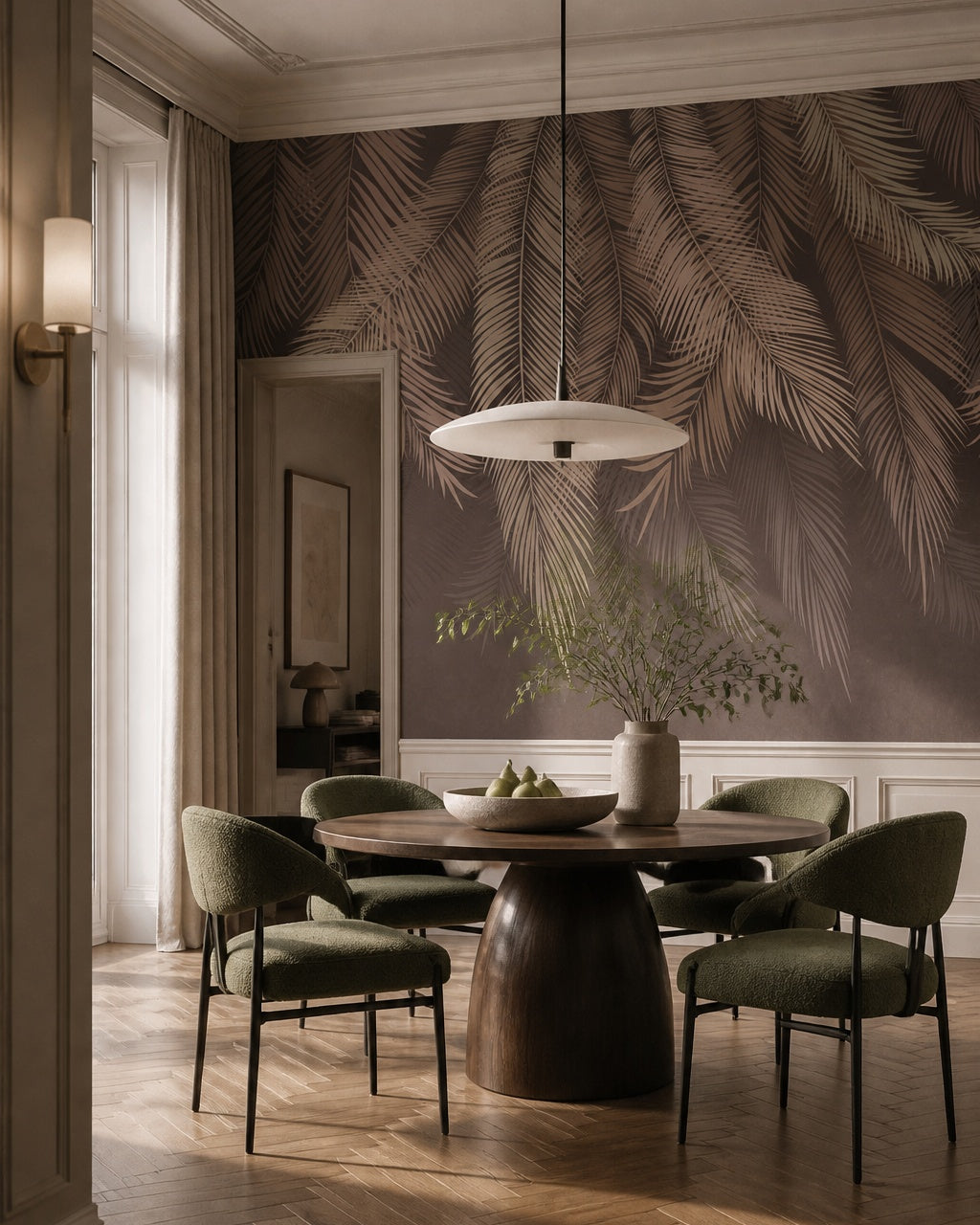 Mauve feathers wallpaper in a refined dining area.