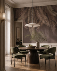 Mauve feathers wallpaper in a refined dining area.