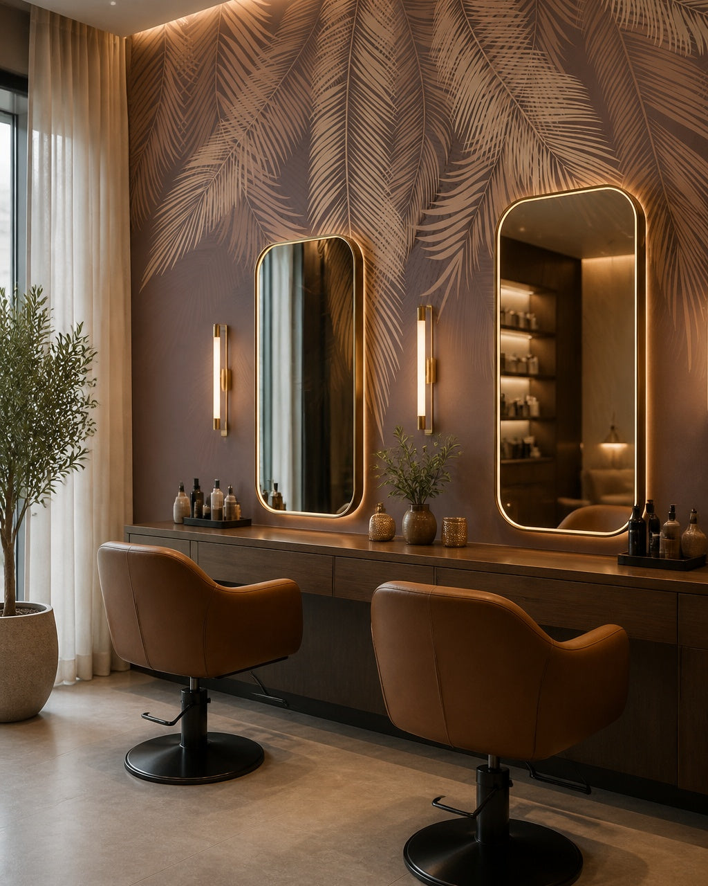 Mauve feathers wallpaper in a beauty salon.