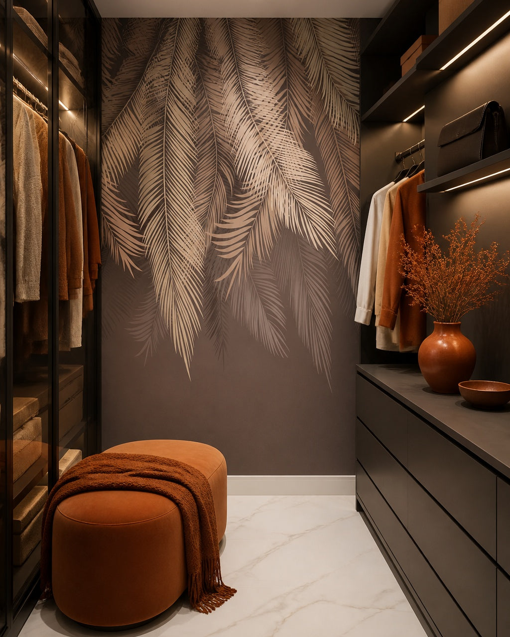 Mauve feathers wallpaper in a walk-in wardrobe.