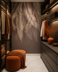 Mauve feathers wallpaper in a walk-in wardrobe.
