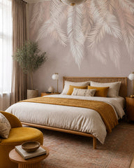 White and beige palm leaves wallpaper in a designer bedroom.
