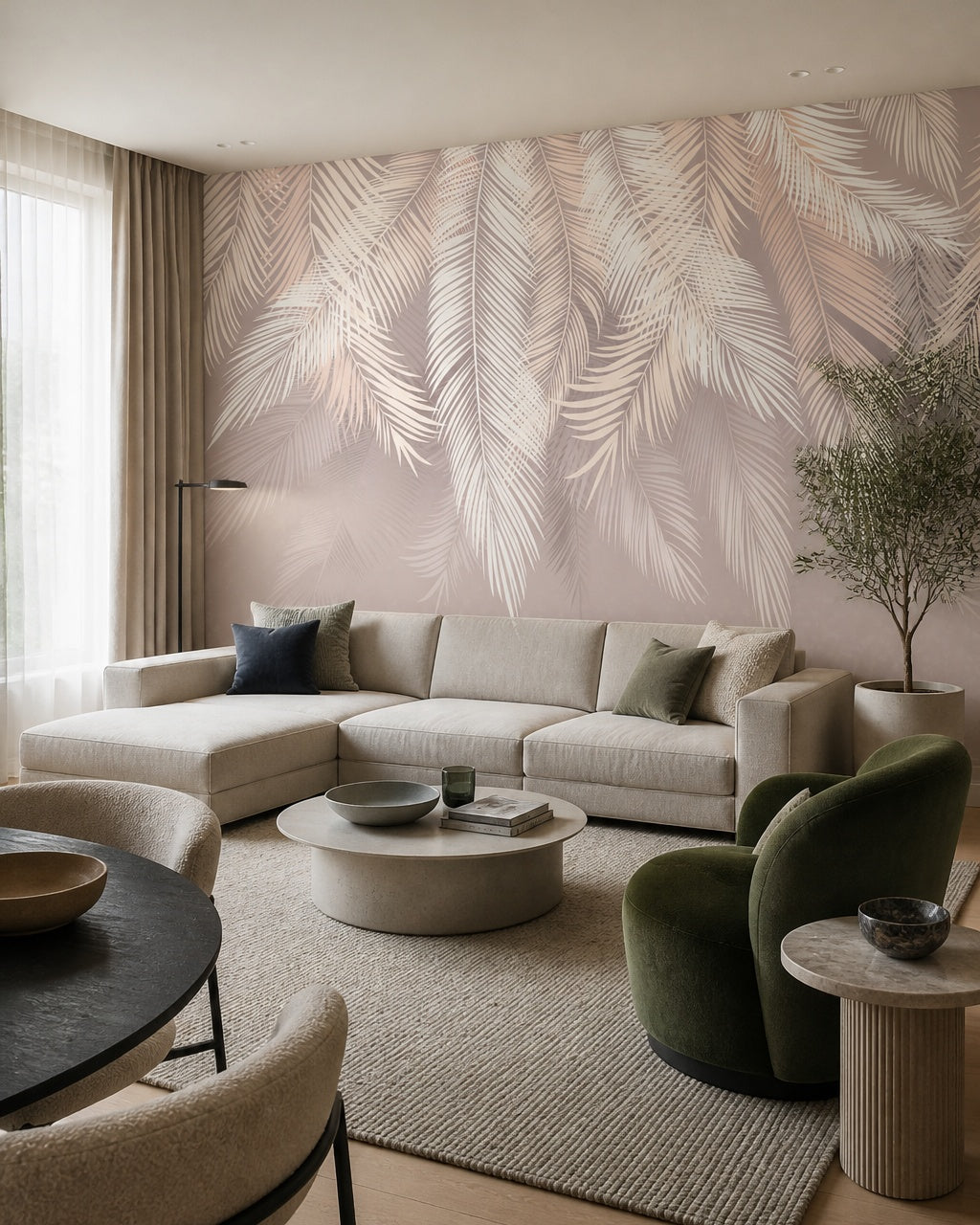 White and beige palm leaves wallpaper in a designer living room.
