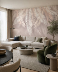 White and beige palm leaves wallpaper in a designer living room.