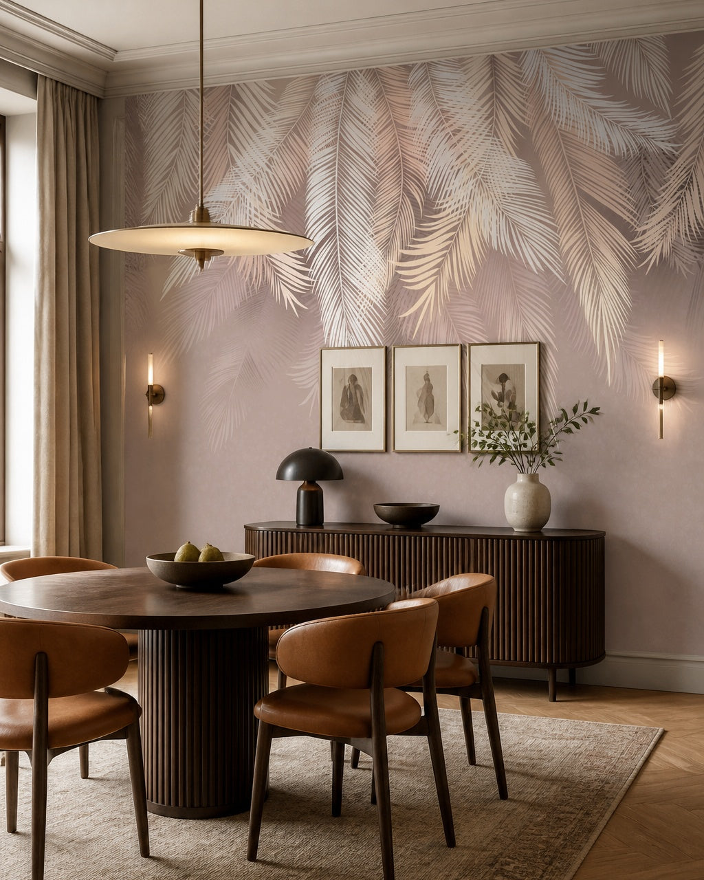 White and beige palm leaves wallpaper in a refined dining area.