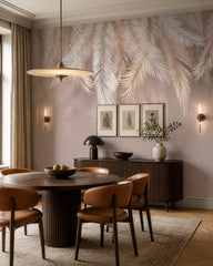 White and beige palm leaves wallpaper in a refined dining area.