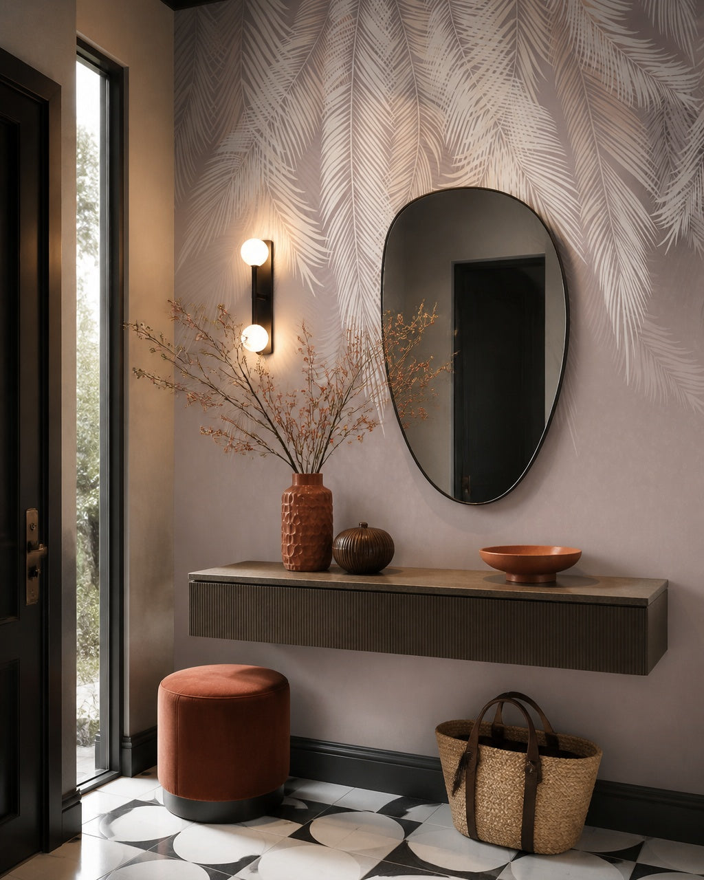 White and beige palm leaves wallpaper in a refined foyer.