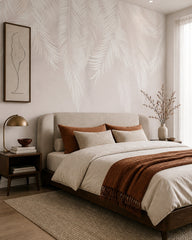 White feathers wallpaper in a designer bedroom.