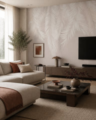 White feathers wallpaper in a designer living room.