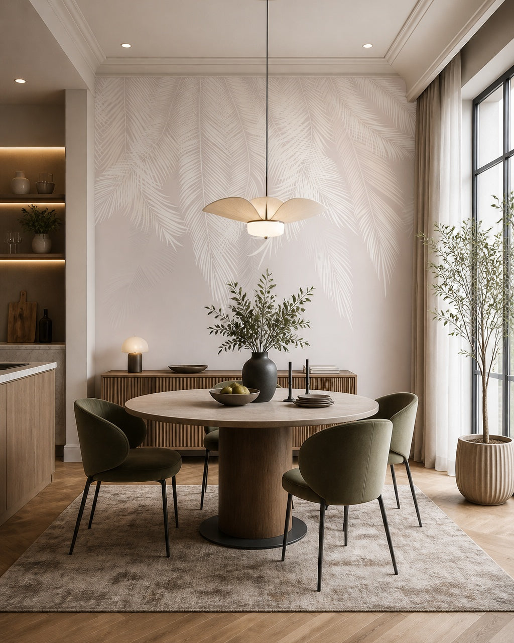 White feathers wallpaper in a refined dining area.
