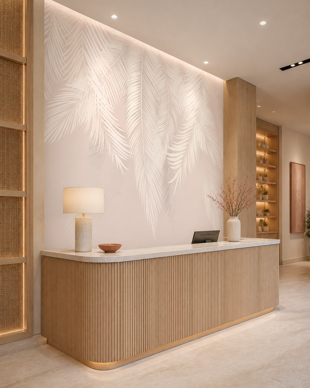 White feathers wallpaper at a hotel reception desk.