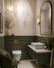 White feathers wallpaper in an elegant powder room.