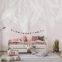 Custom White Feathers Modern Wallpaper Tropical Palm Leaf Wall Mural