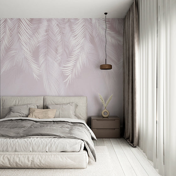 Light White Feathers Wallpaper Tropical Palm Leaf  Tender Violet Wall Mural