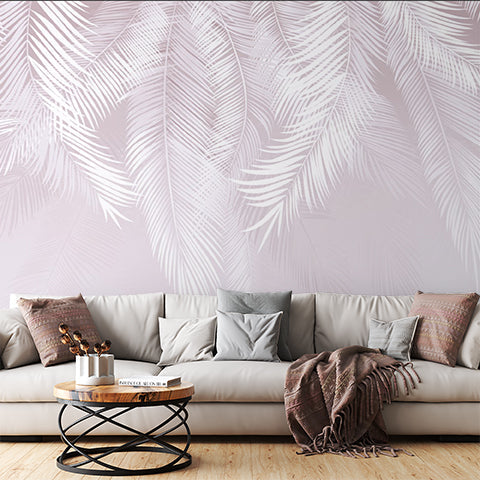 Light White Feathers Wallpaper Tropical Palm Leaf  Tender Violet Wall Mural