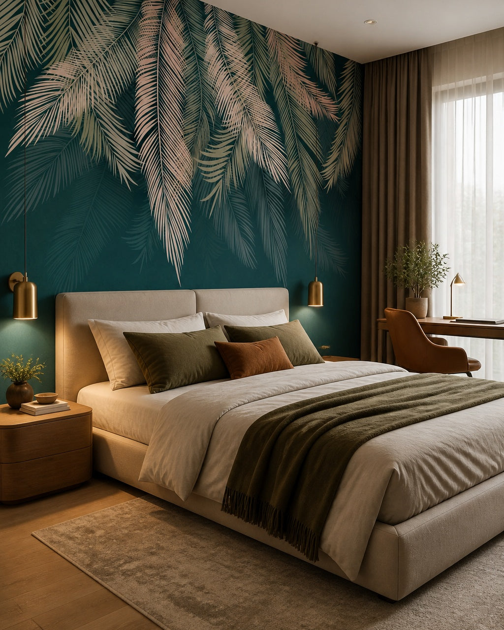 Teal feathers wallpaper in a designer bedroom.