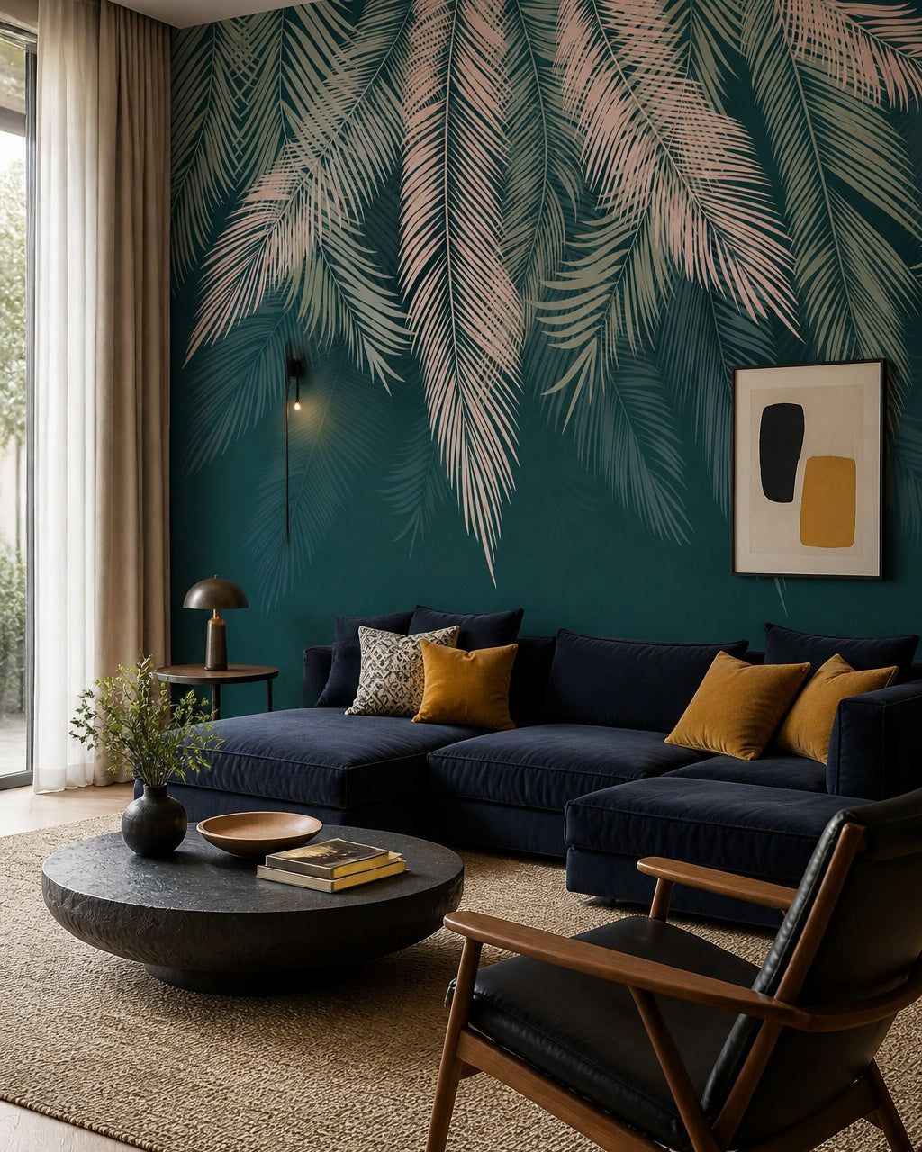 Teal feathers wallpaper in a designer living room.