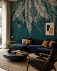 Teal feathers wallpaper in a designer living room.