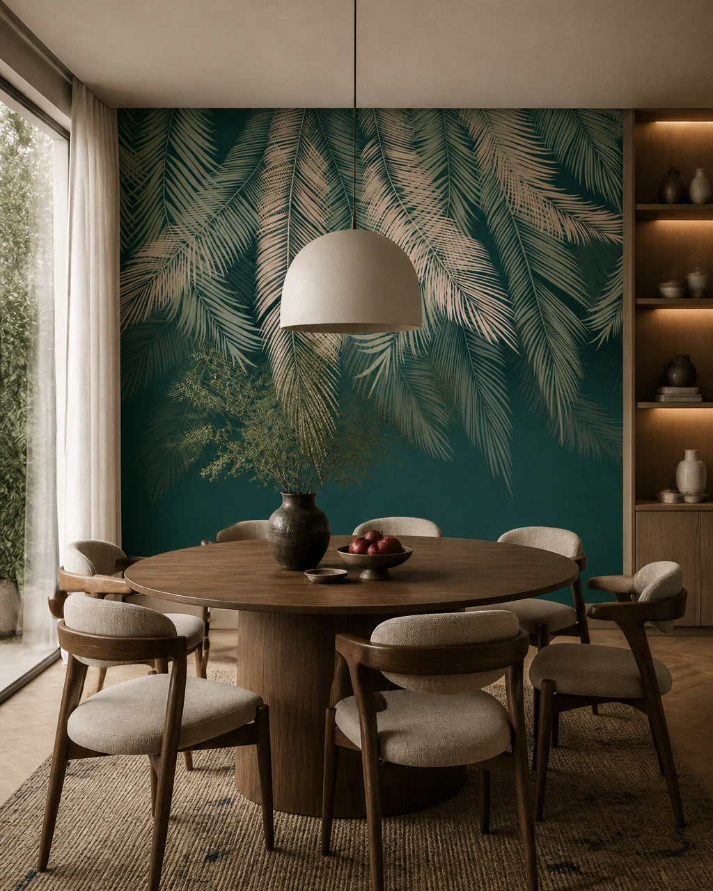 Teal feathers wallpaper in a refined dining area.