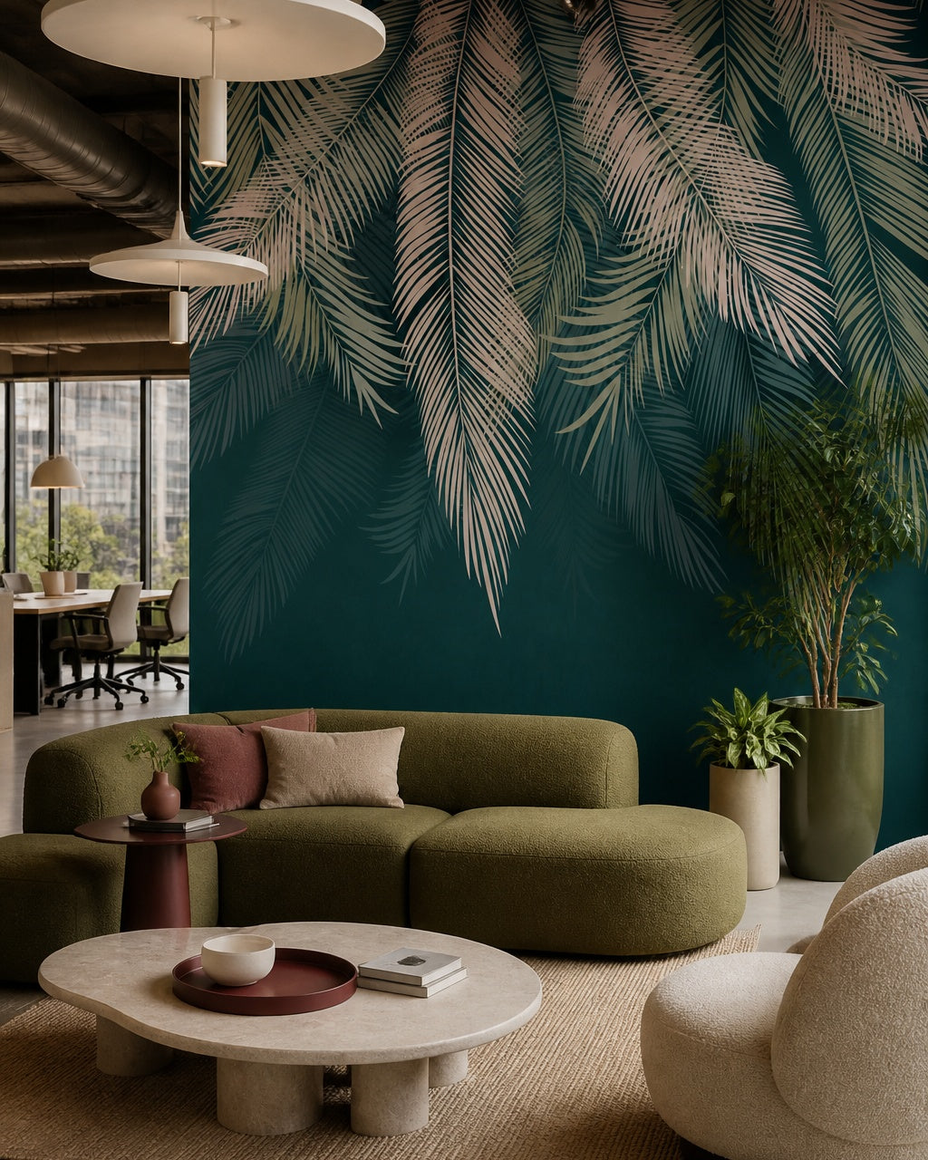 Teal feathers wallpaper in a creative office lounge.