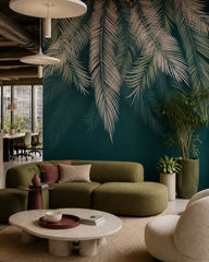 Teal feathers wallpaper in a creative office lounge.