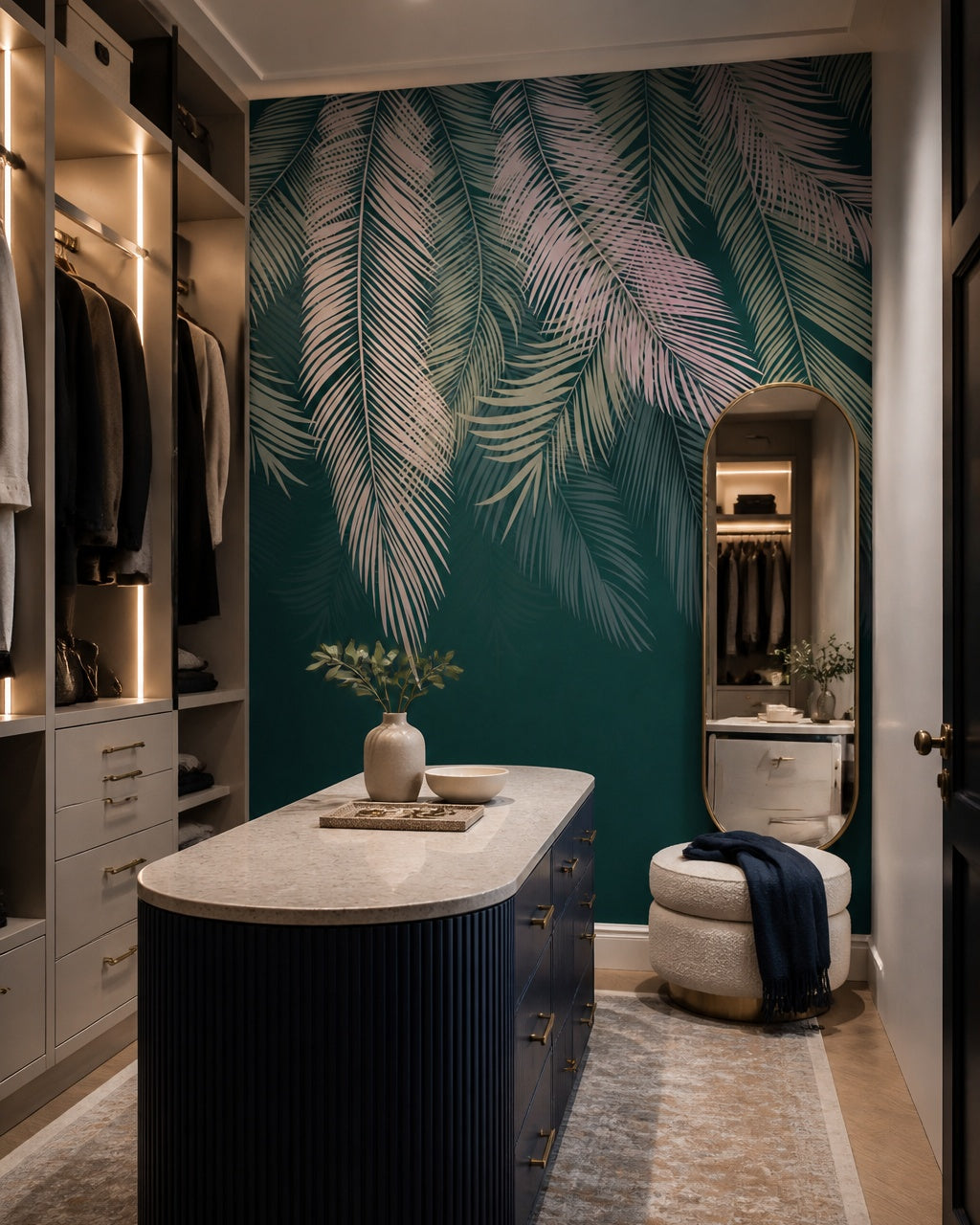 Teal feathers wallpaper in a dressing room.