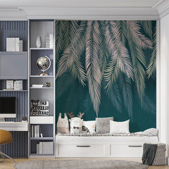 Custom Silver Feathers Green Wallpaper Tropical Palm Leaf Wall Mural