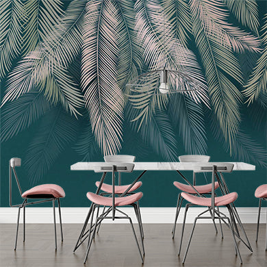 Custom Silver Feathers Green Wallpaper Tropical Palm Leaf Wall Mural