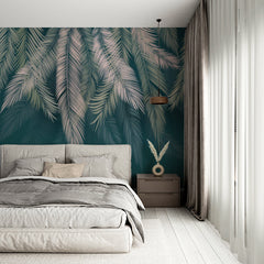 Custom Silver Feathers Green Wallpaper Tropical Palm Leaf Wall Mural