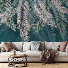 Custom Silver Feathers Green Wallpaper Tropical Palm Leaf Wall Mural