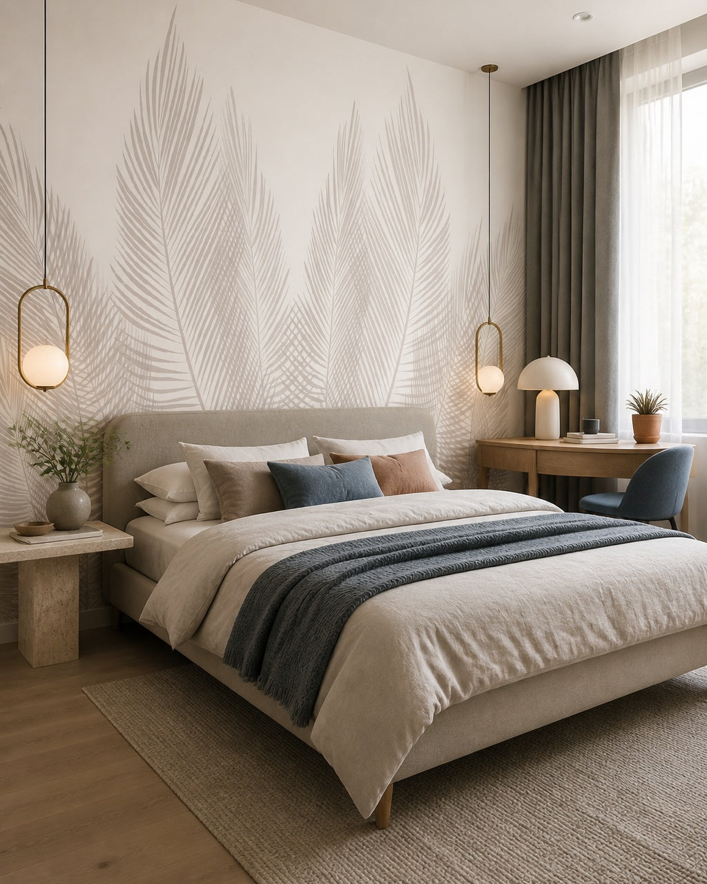 White palm fronds wallpaper in a designer bedroom.