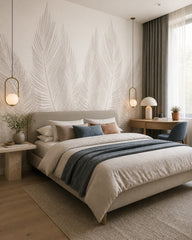 White palm fronds wallpaper in a designer bedroom.