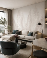 White palm fronds wallpaper in a designer living room.