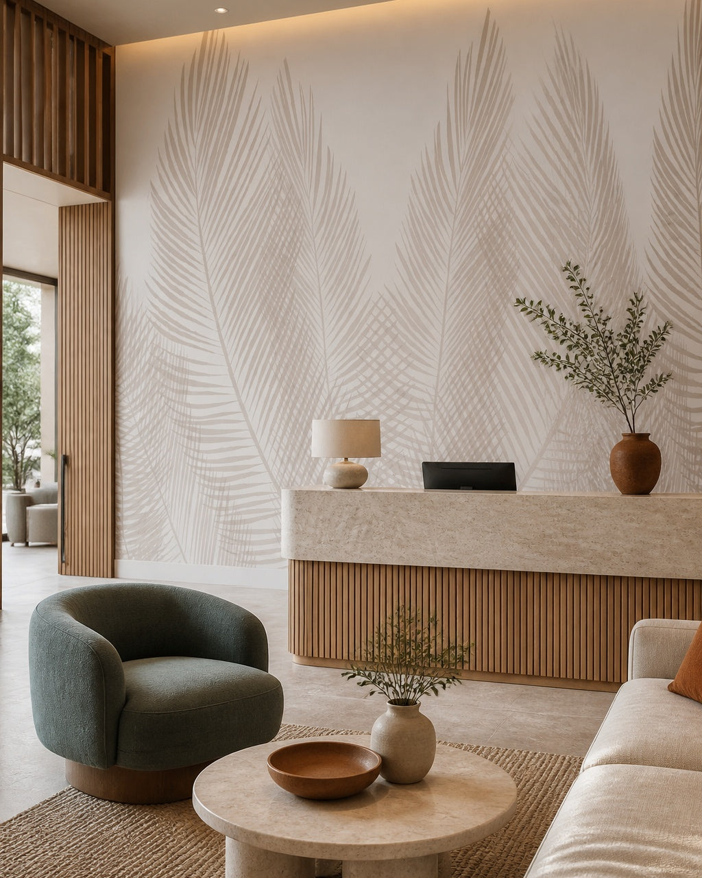 White palm fronds wallpaper in a boutique hotel lobby.