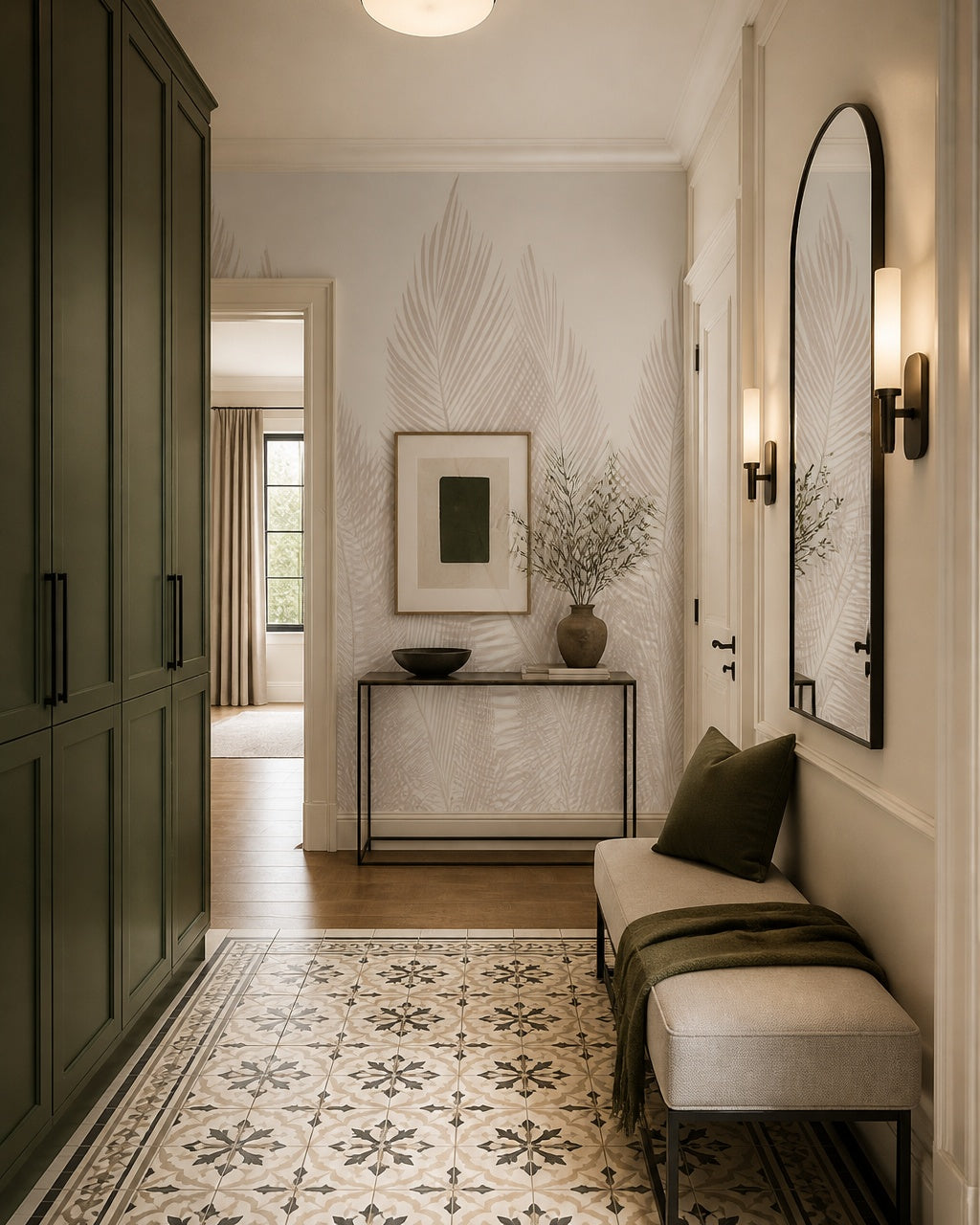 White palm fronds wallpaper in an architectural hallway.