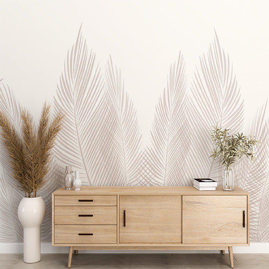 Beige Tropical Palm Leaf Wall Mural White Feathers Wallpaper