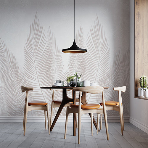 Beige Tropical Palm Leaf Wall Mural White Feathers Wallpaper